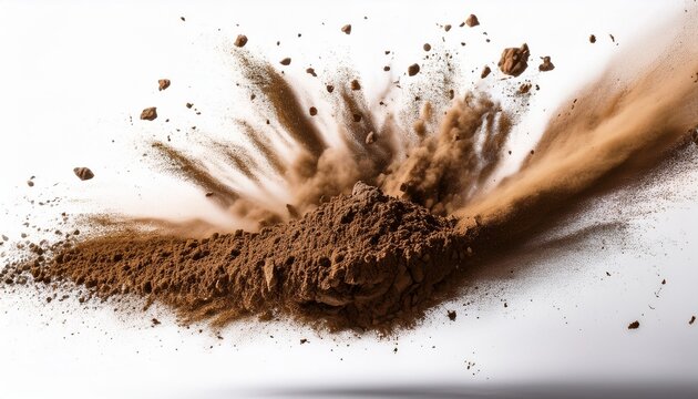 close up of soil particles scattering and exploding into the air on a white background dynamic motion capture symbolizing energy nature and impact