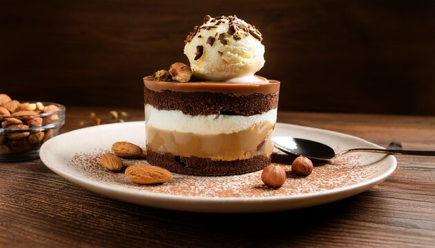 decadent layered chocolate and vanilla dessert with nuts and ice cream