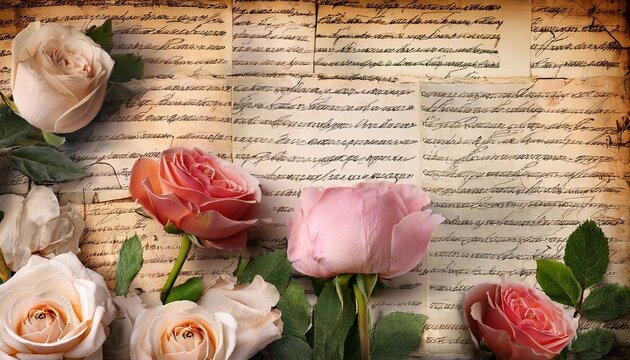 vintage floral collage with roses and script background