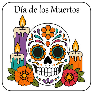 Calavera mexicana del D&iacute;a de los Muertos con flores y velas