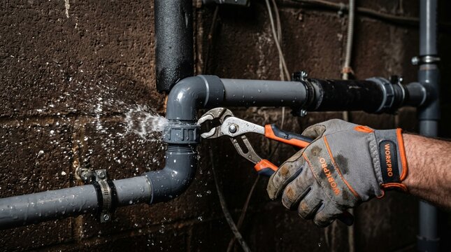 Fixing a leaky pipe with adjustable wrench and workpro gloves