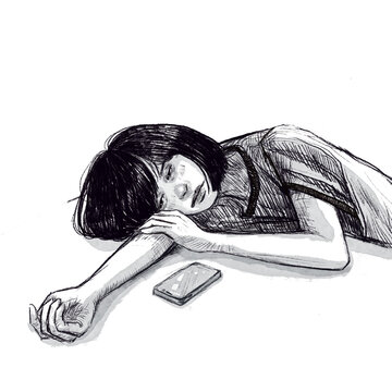 Exhausted Soul: A lone figure lies listlessly on the ground, their phone beside them, depicting a moment of profound exhaustion and isolation.
