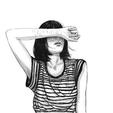 A Moment of Despair: A young woman, her face obscured by her arm, reveals self-inflicted scars on her arm, a poignant depiction of inner turmoil and struggle.