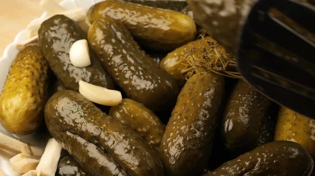 Person picking a pickled cucumber with kitchen tongs