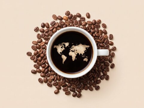 World map made of coffee foam in a cup with coffee beans