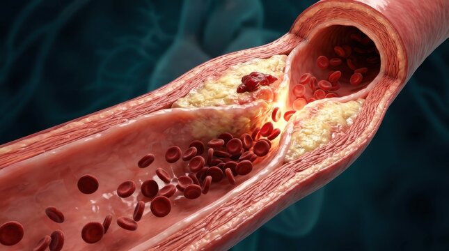 A detailed 3d medical illustration showing a human artery with severe plaque buildup causing a dangerous narrowing of blood flow