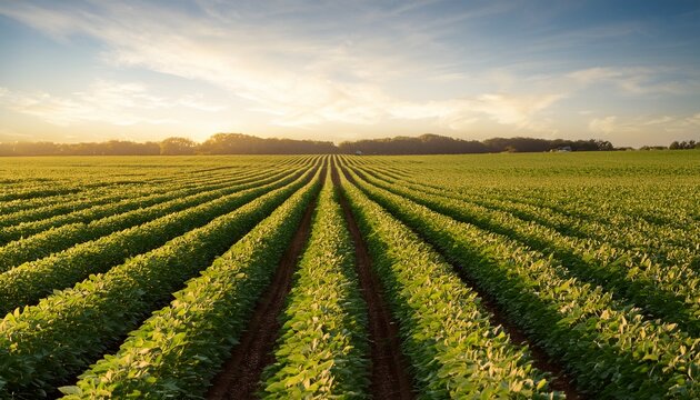 wide angle view from the center of a vast soybean field neat rows stretching toward the horizon lush green leaves warm golden sunlight countryside landscape