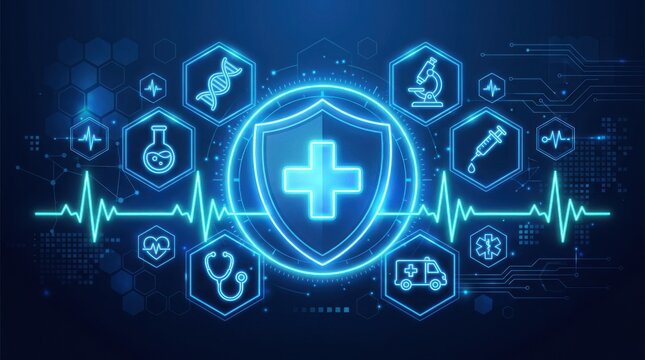 Digital medical background featuring a glowing shield with a cross symbol surrounded by various healthcare icons and heartbeat lines design