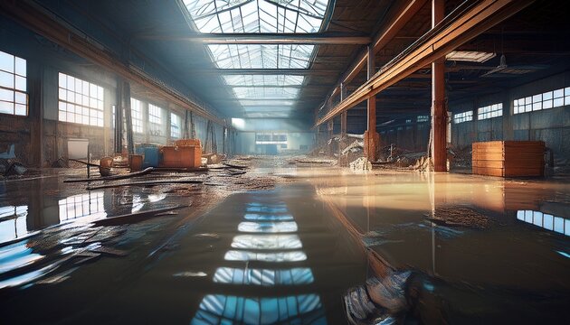 aftermath of a flood inside a warehouse water damaged industrial building generative ai