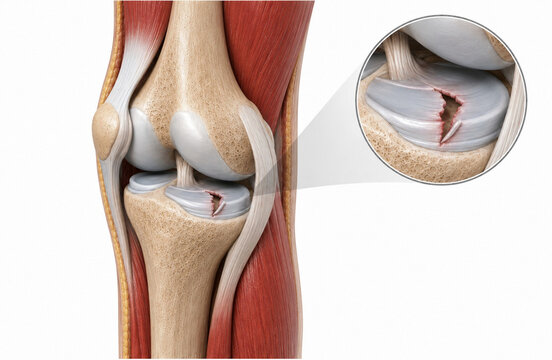 Medial Meniscus Tear in Knee With Magnified Cartilage Injury Close-Up