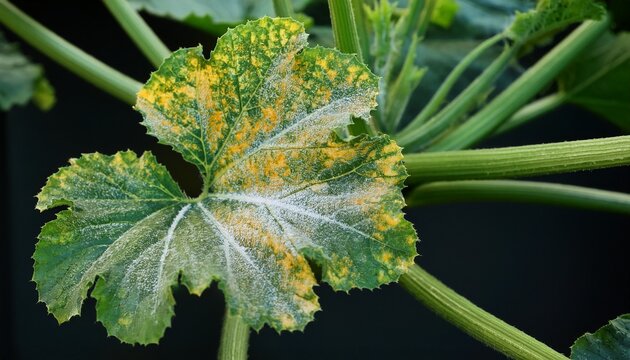 a problematic leaf on a zucchini plant powdery mildew and chlorosis on the leaves