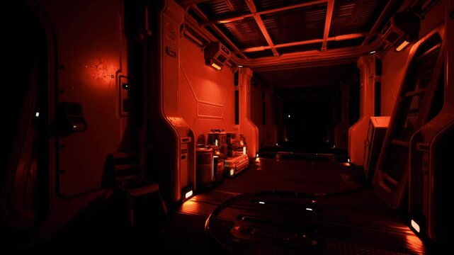 Red emergency corridor with central hatch and alarm panels, warning lights pulsing, narrow catwalk and metallic flooring, deep end void with distant glow, tense