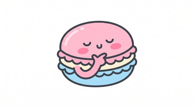 Cute cartoon macaron character with pink frosting and blue base displaying a happy expression and thinking pose on white background