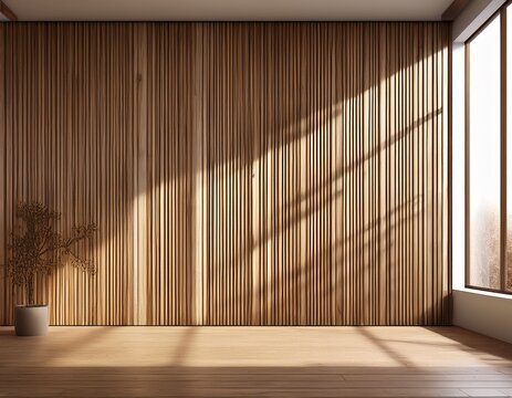 wall with wood background panels with wood texture vertical slats in the interior design of an empty studio room 3d architecture with window shadow overlay