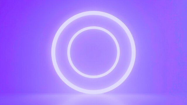 Double glowing circle neon light rings on soft purple gradient surface