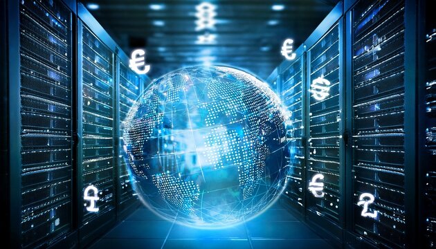 glowing digital globe with connections and currency symbols in server room