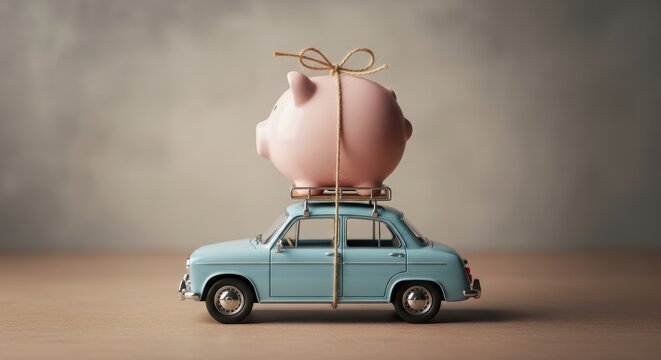 High-detail wide-angle interior photograph of a pastel toy car carrying a giant piggy bank, whimsical miniature transport scene