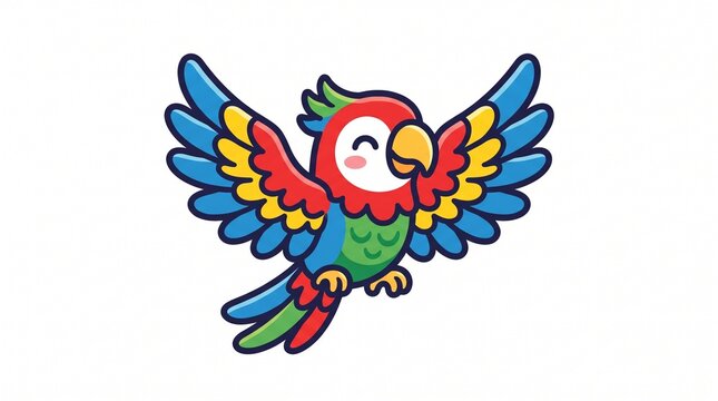 Vibrant cartoon parrot flying with open wings displaying bright primary colors in a cute stylized graphic design on white background