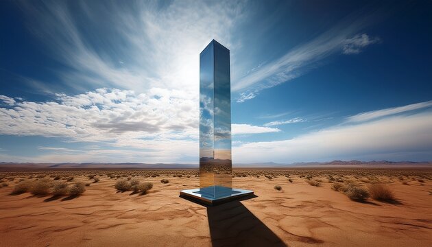 tall reflective monolith stands in a barren desert landscape under a soft cloudy sky