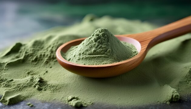 wooden spoon holding green bentonite clay powder on textured surface with soft focus background highlighting the natural beauty and texture of the clay