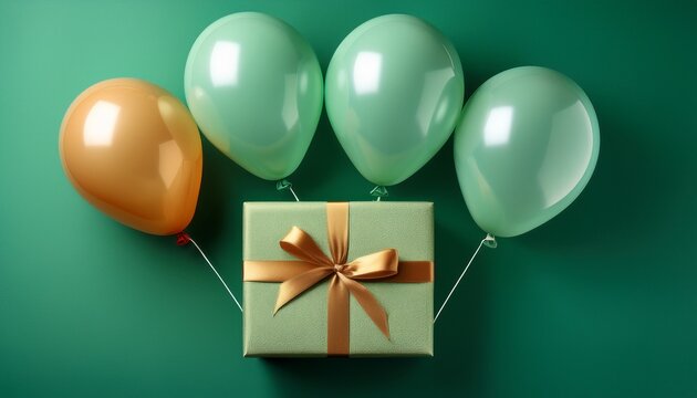 four balloons and a gift box with ribbon on a green background