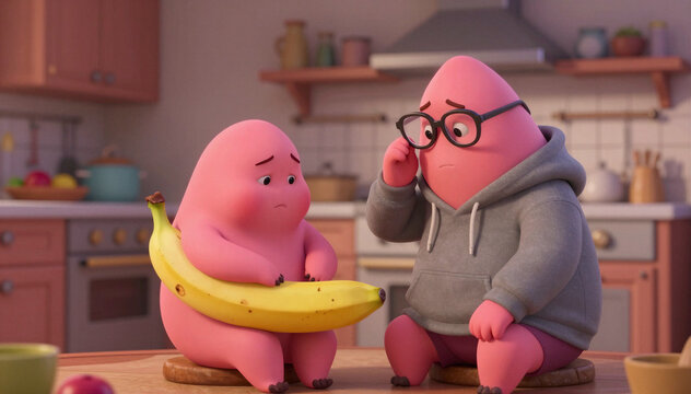Little character showing concern holding banana
