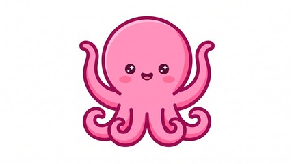 Naklejka premium Cute pink cartoon octopus character showing happy facial expression and sparkling eyes drawn in a clean minimalist style on white background