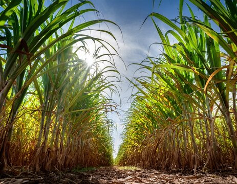 low angle view between tall rows of sugarcane plants dense green leaves rows leading toward the horizon sunny agricultural landscape