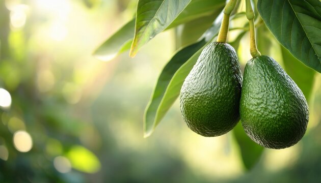 fresh ripe green avocados hanging on a tree branch in an orchard with blurred natural foliage background view