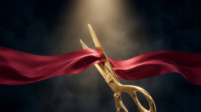 Golden scissors cutting a red ribbon. Ceremonial inauguration event and official opening ceremony. Business launch, corporate achievement and success concept. Commercial promotion event