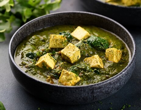 high end commercial shot of palak paneer served in modern stoneware vibrant green curry fresh herbs clean luxury composition