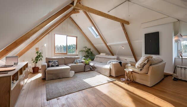 modern attic with stylish and functional living space that has been designed to make the most of the unique characteristics of an attic
