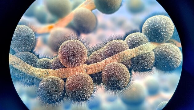 microscopic view of candida albicans close up high magnification view of candida albicans yeast cells showing their characteristic budding and hyphae formation under a microscope