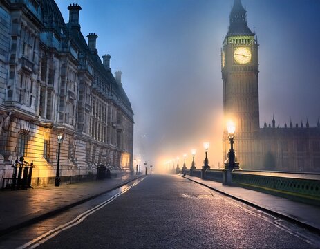 london s enigmatic fog a mysterious foggy evening in london with big ben looming in the distance and street lamps casting an ethereal glow through the mist