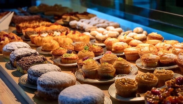 a variety of baked sweets displayed on a buffet offers an enticing selection of desserts indulge in these baked sweets showcasing different flavors and styles at this delightful buffet