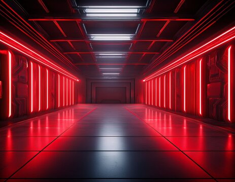 modern garage background futuristic warehouse with red neon lighting minimalist design of dark empty room panorama of hallway interior concept of hangar industry hall spaceship