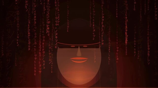 Abstract Digital Human Face Silhouette with Falling Red Matrix Code and Cybernetic Data Stream