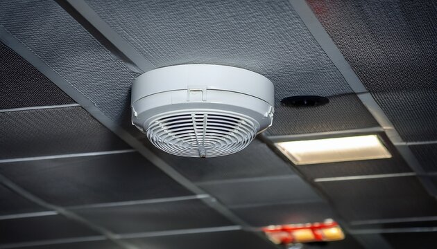 smoke detector mounted on the ceiling in a parking area featuring a visible pipeline of electrical wiring this smoke detector ensures safety and alerts in case of smoke detection in the area
