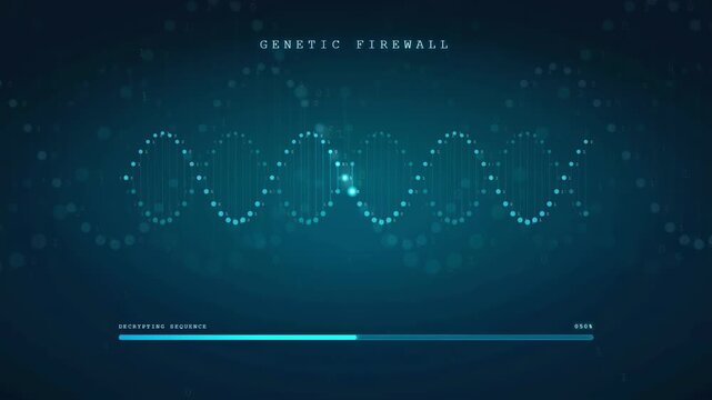 Digital DNA helix animation with genetic firewall interface and data loading progress bar