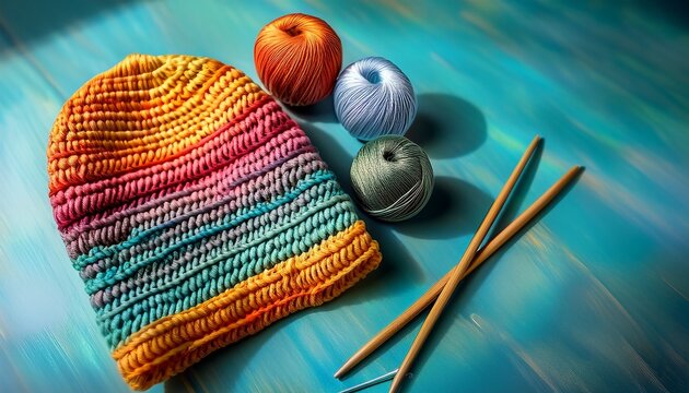 crochet work featuring cotton yarn vibrant yarn balls and crochet needles arranged on a threshing basket this handmade crochet hat can be styled as a slouch or beanie hat showcasing exquisite
