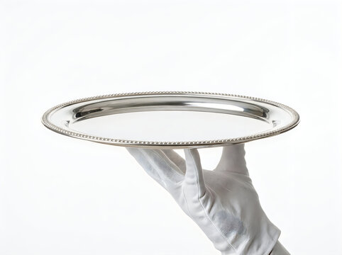 A silver serving tray held by a hand in a white glove isolated on white background,tray, silver, serving, waiter, butler, glove, hand, service