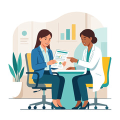 Obraz premium Two professional women in office discuss documents and charts, representing teamwork and business growth.