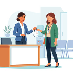 Fototapeta premium Welcome to Office: Receptionist Gives ID Badge to New Employee at Desk with Water Cooler and Chairs