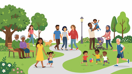 Fototapeta premium A Vibrant Community Park Scene: People of all ages and backgrounds enjoy a sunny day in a lively park, featuring families, children playing, an elderly couple on a bench.