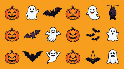 Obraz premium Spooky Halloween Icons: A vibrant collection of cheerful and spooky Halloween-themed icons, including smiling pumpkins, playful ghosts, and silhouetted bats, set against a festive orange background.