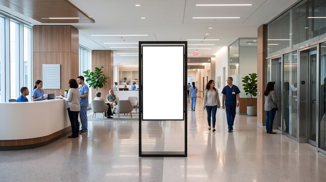 Blank vertical digital signage display standing in a modern hospital lobby with medical staff and patients.