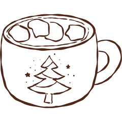 Cute hot chocolate mug with marshmallows line art outline illustration for winter christmas holiday, white solid brown line coloring image