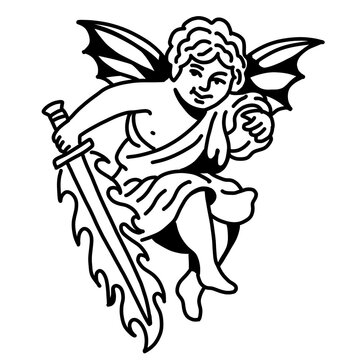Dark edgy cherub holding a flaming sword art