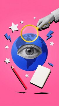 hand holding magnifying glass over eye on globe collage with pink background and office supplies