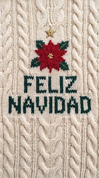 feliz navidad text with poinsettia embroidered on knitted beige sweater festive christmas decor